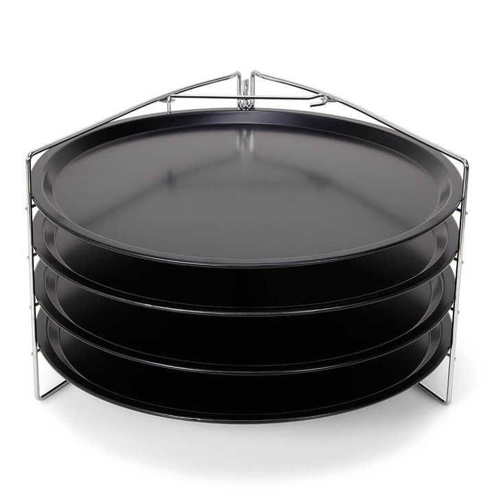 Set 4 tavi rotunde pentru pizza, cu suport, 33x33x5 cm, negru
