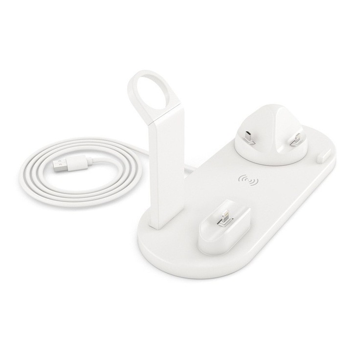 Statie de incarcare multifunctionala 4 in 1 pentru iPhone, Merystyle, Apple Watch, AirPods si incarcare fara fir - alb (KE23-183)