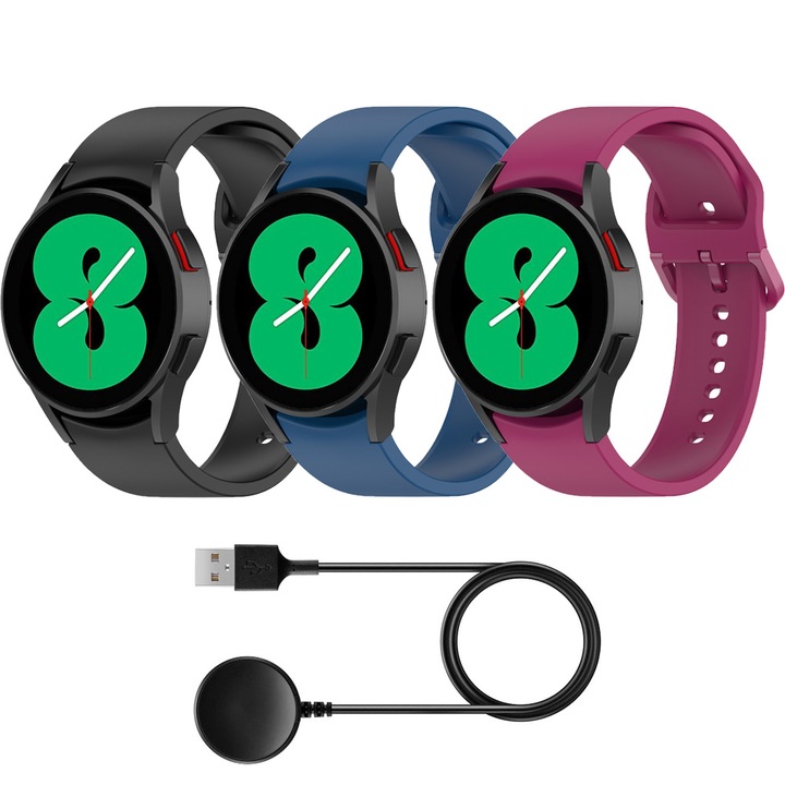 Set curele din silicon, 3 piese, cablu de incarcare, multicolor, pentru Samsung Galaxy Watch 4/5/6/7/FE