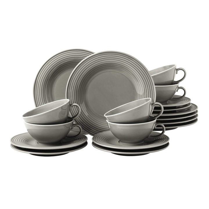 Set serivire ceai, 6 cani 140ml, 6 farfurii 17cm, 6 suporturi 13.5cm, gri