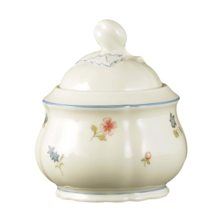 Recipient pentru zahar, 210 ml, portelan, flori multicolore, margine albastra