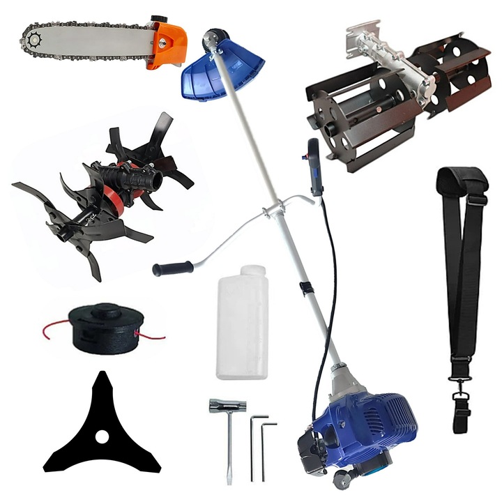 SET Motocoasa Blue-Marin/Albastra - Model cu Disc Stea si Tija D28mm Dur-Al pentru Gospodari si Fermieri, +Cultivator-E, + Prasitoare, + Cap Drujba