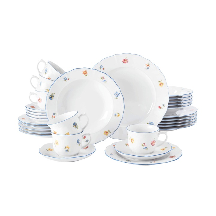 OEM SONATE étkezőgarnitúra, 5 személyes, fehér porcelán, virágok, hullámos szélek