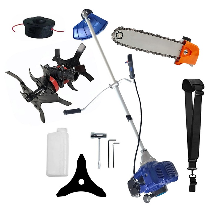 SET Motocositoare pe benzina Blue-Marin/Albastra - Model cu Disc Stea si Tija D28mm Dur-Al pentru Gospodari si Fermieri, + Cultivator-E, + Cap Drujba