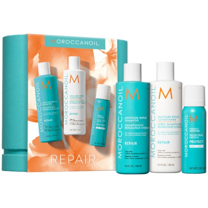 Set Spring pentru repararea parului deteriorat compus din sampon + balsam pentru reparare 250 ml + masca reparatoare 75 ml Moroccanoil