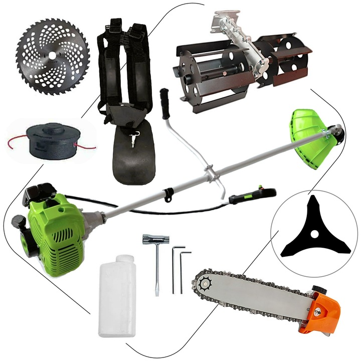 Set Cositoare pe benzina Green/Verde-Neon - Model cu Disc Vidia si Ham Profi pentru Gospodari si Fermieri, + Prasitoare, + Cap Drujba