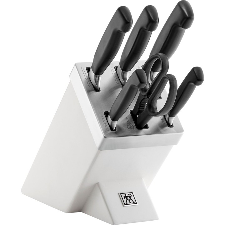 Set 5 cutite si foarfeca ZWILLING, Four Star, in suport autoascutitor, negru/alb