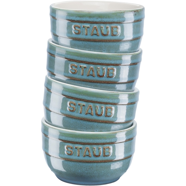 Set 4 tavi Staub, 9cm, antichizat turcoaz, ceramica emaliata, rezistente la zgarieturi