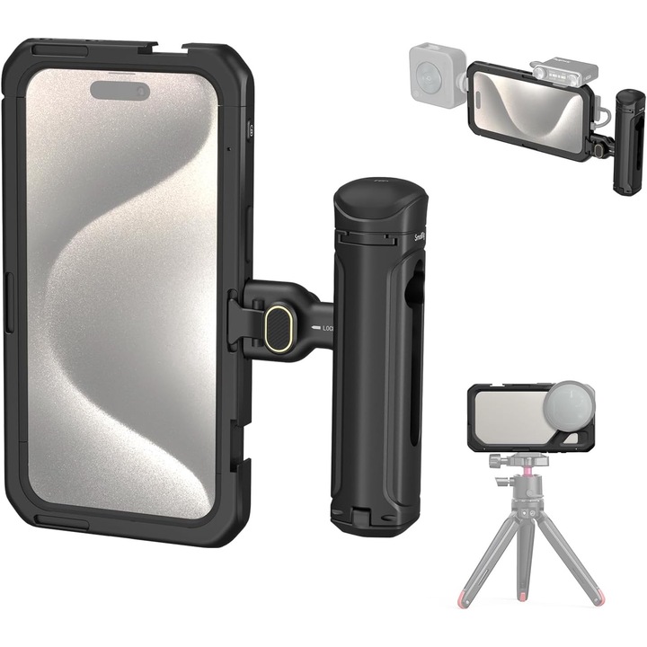 Kit video rig pentru iPhone 15 Pro Max, smartphone cage cu maner, montura lentile, buton eliberare rapida, montura cold shoe si surub 1/4 inch, din aliaj de aluminiu