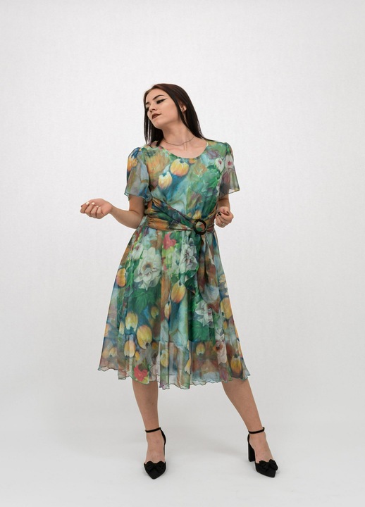 Зелена рокля с флорален принт Elisabeta, Зелен/Многоцветен
