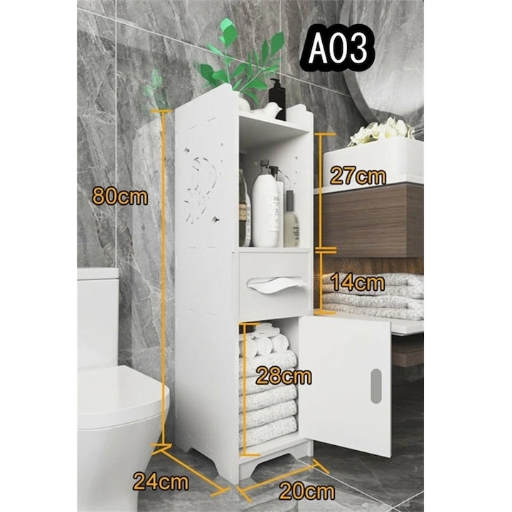 Dulap Compact pentru Baie, MDF Alb, cu 3 Nivele de Depozitare, 80x20x24 cm