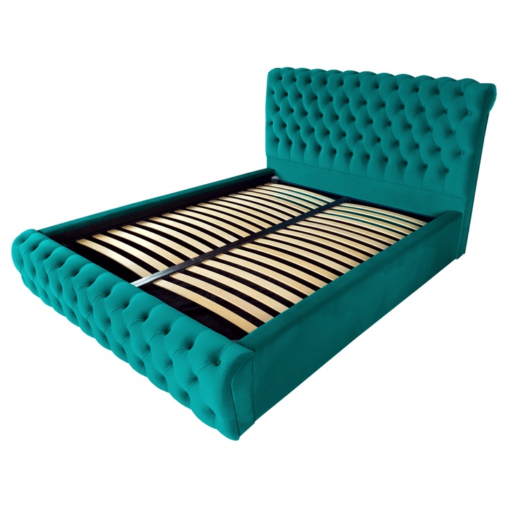 Pat tapitat Verona,180x200cm, somiera metalica rabatabila, spatiu depozitare, turcoaz