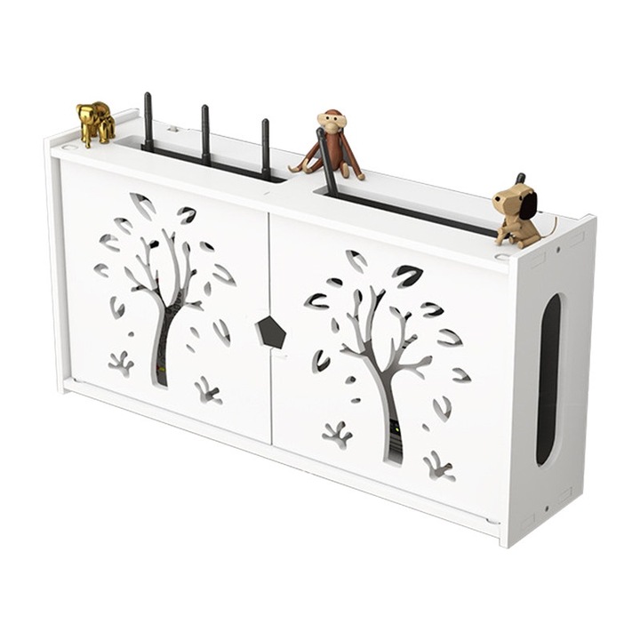 Raft Suport pentru Router Wireless, CooTooLa®, Posibilitate de Montare pe Perete, model de copac cu bani, Alb,48x24x11.5 cm