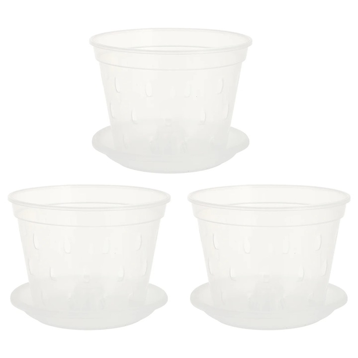 Ghiveci decorativ, plastic, transparent, 14x11x9.5cm, cu tava, pentru plante ornamentale, set