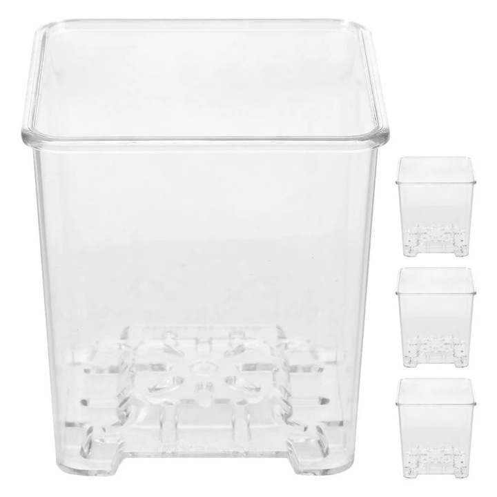 Set 4 ghivece transparente din acril pentru orhidee, 9x8.5cm