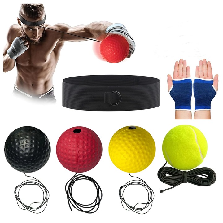 Комплект боксови рефлексни топки, 4 топки, боксова топка за монтиране на глава, регулируема, лека, боксова тренировка и развитие на рефлекси, за възрастни и деца, PU/гума, многоцветна