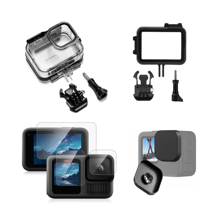 Комплект от 4 аксесоара за Gopro Hero 13, Спортна видеокамера, Водоустойчив калъф, Защитен калъф и дръжка, Комплект защитно фолио, Защитна капачка за обектива