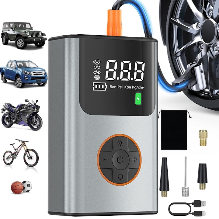 Compresor de Aer Portabil 6-in-1, Pompa Auto Multifunctionala, Bicicleta, Motocicleta si Mingi, cu Baterie 5200mAh, Afisaj Digital LCD, Presiune 150 PSI, Power Bank si Lanterna LED, Oprire automata Manometru digital cu 4 moduri presetate, 4 capete, Gri