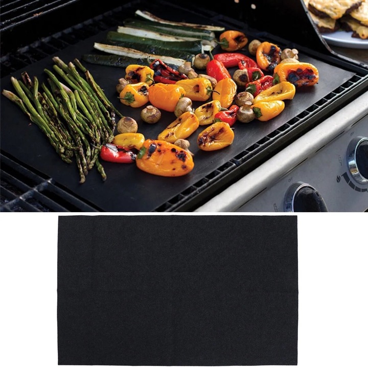Saltea gratar BBQ, 127x76cm, rezistenta la caldura, neagra, reutilizabila