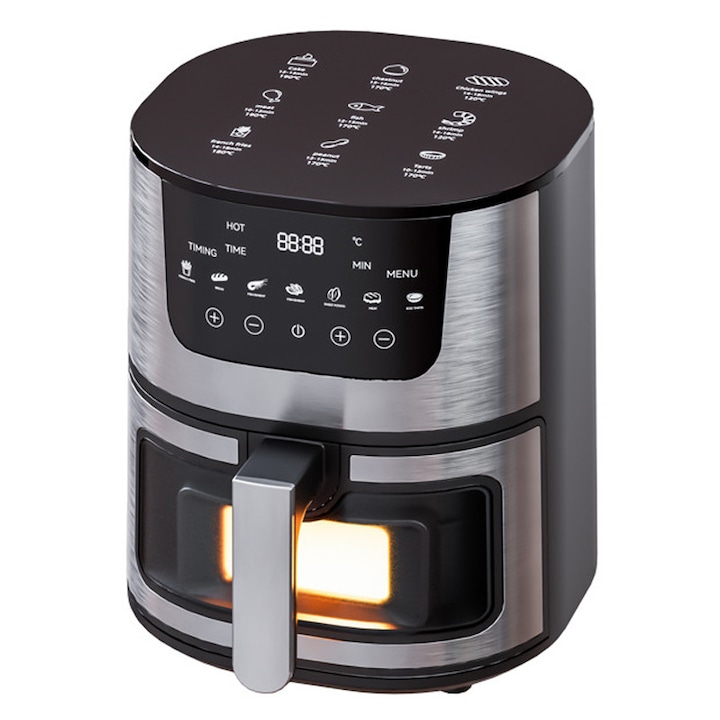 Friteu cu aer cald, Golxmse®, capacitate de 7 litri, vizualizare computer, afisaj digital, 12 functii de gatit, temperatura reglabila, functie de decongelare si cronometru, 1500W, negru