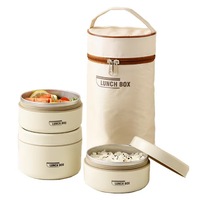 Set 3 caserole termice si geanta transport termica, inox, cu tacamuri, 1400ml, crem