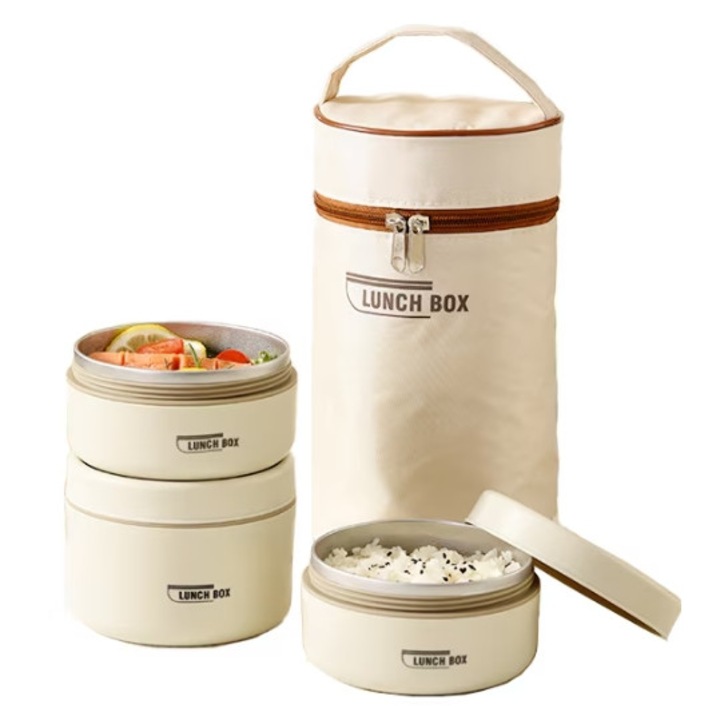 Комплект от 3 термо съда и термочанта за транспорт, неръждаема стомана, с прибори за хранене, 1400 мл, сметана