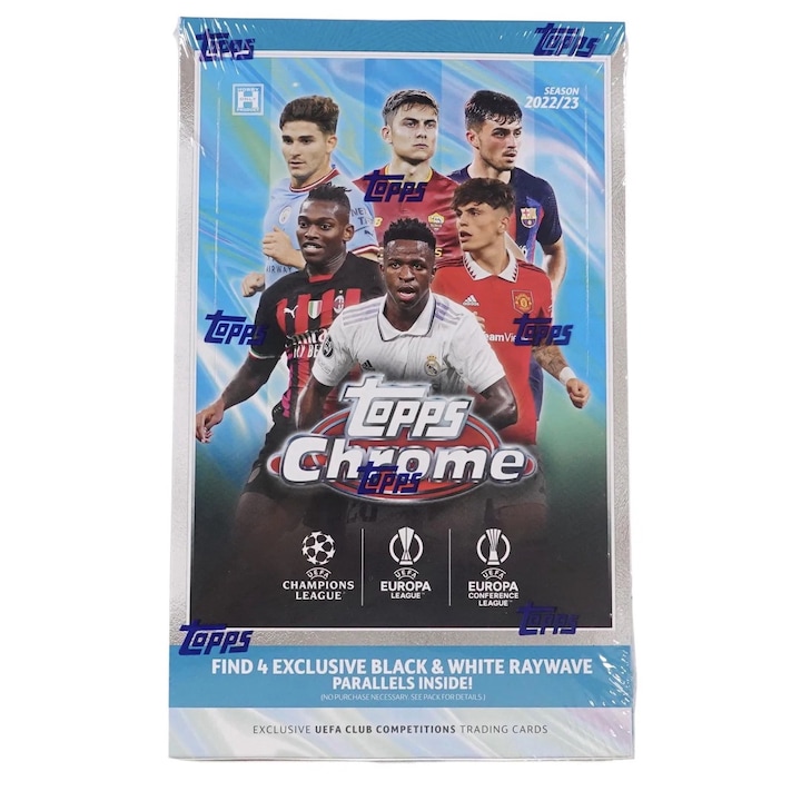 2022/23 Topps Chrome UEFA Club Competitions Soccer Hobby LITE Doboz (64db Focis Kártya, benne 4db Black & White Ray-Wave Kártya!)