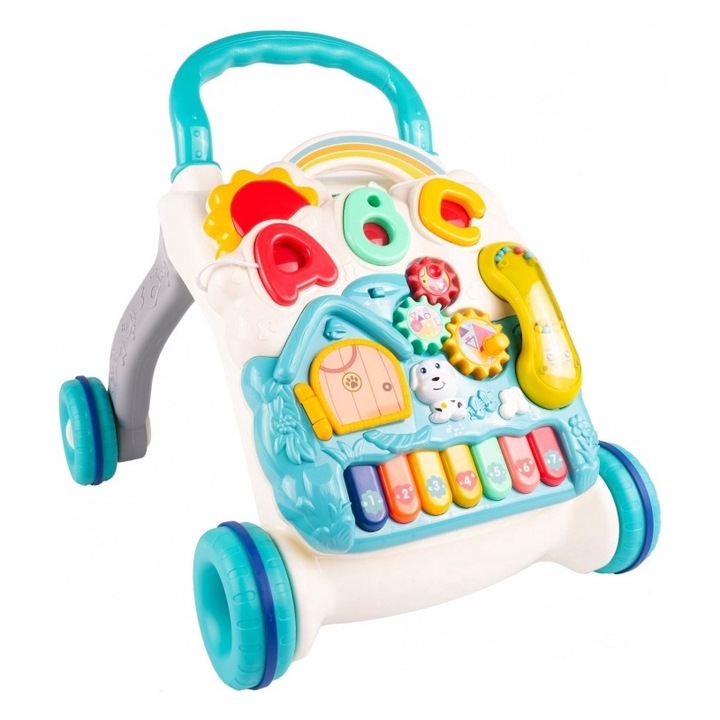 Antepremergator interactiv multifunctional 4 in 1, cu Lumini, Sunete, Pian, Telefon detasabil tip zornaitoare, angrenaje rotative, Sortator de forme, dimensiune 46 x 40 x 43.5 cm, Blue