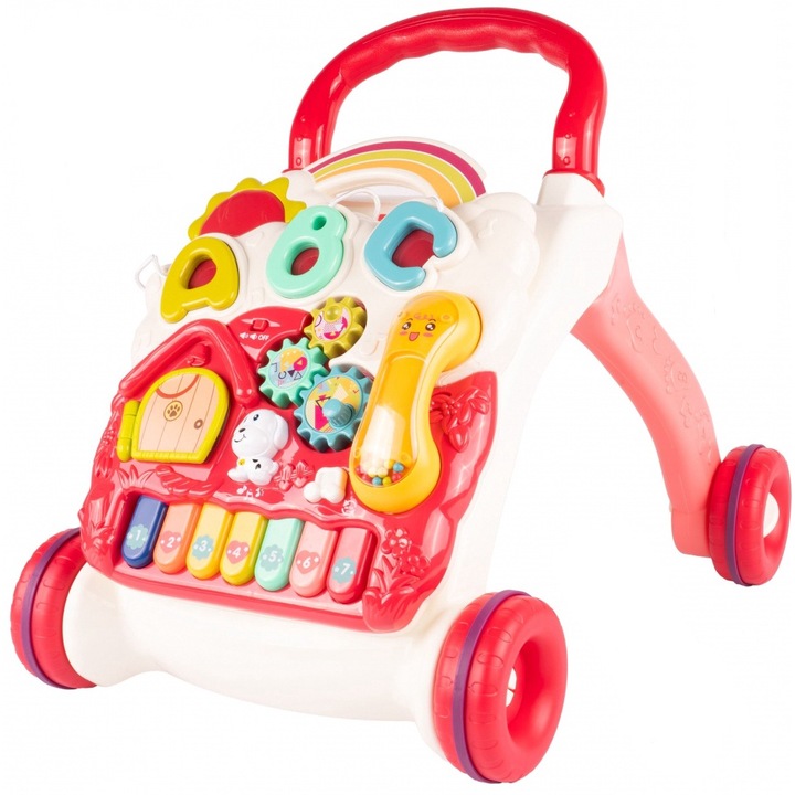 Antepremergator interactiv multifunctional 4 in 1, cu Lumini, Sunete, Pian, Telefon detasabil tip zornaitoare, angrenaje rotative, Sortator de forme, dimensiune 46 x 40 x 43.5 cm, Pink