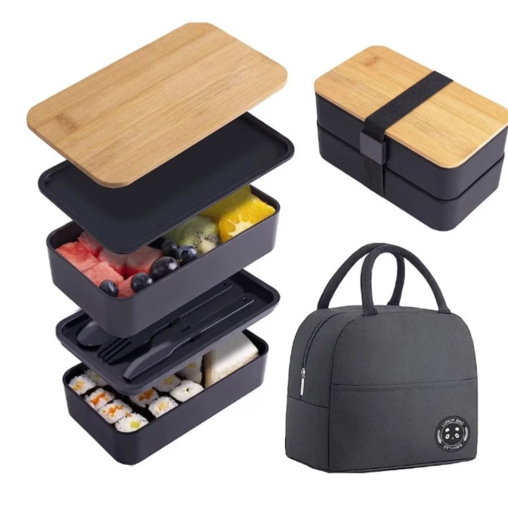 Кутия за храна, Bento, вместимост 1200 мл, с торбичка за обяд, бамбуков капак, черен