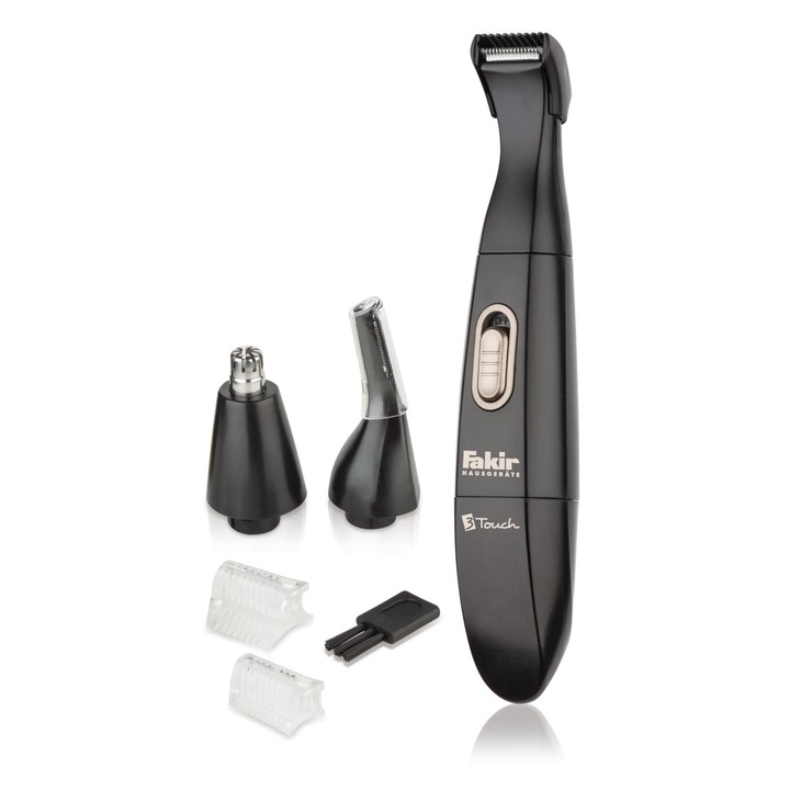 Trimmer pentru nas/urechi/sprancene/perciuni Fakir 3 Touch, baterie, lavabil, lame inox, Negru