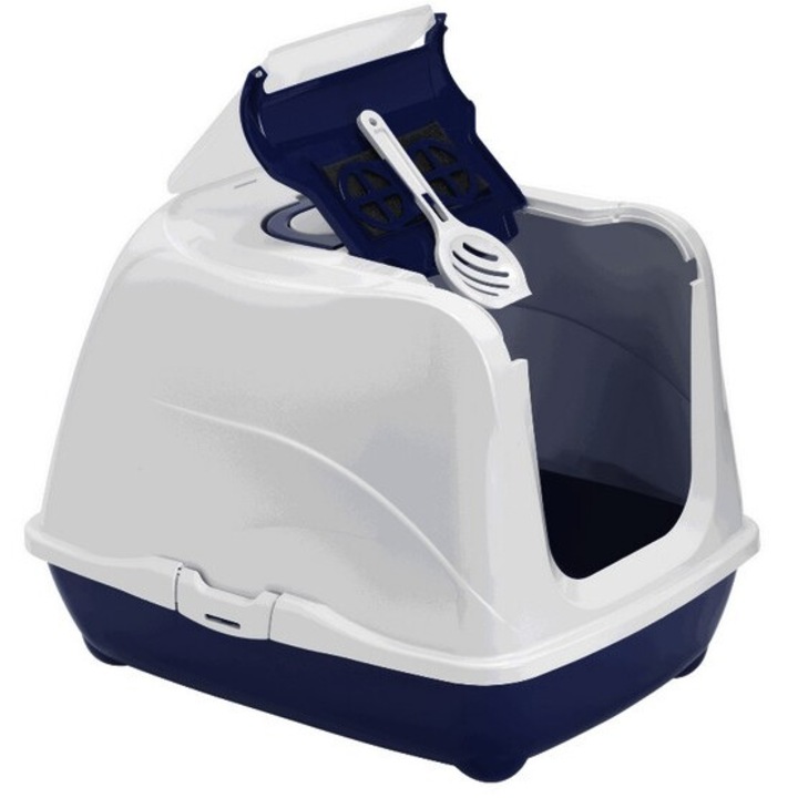 Fedett macskaalom, Yarro Flip 2, fehér/navy, 45x58x42cm, szűrővel, készlet