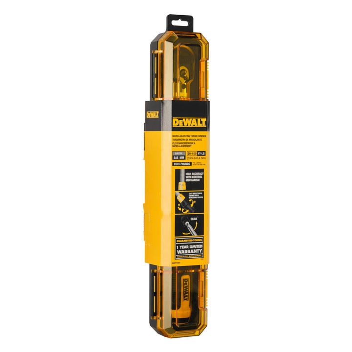Cheie dinamometrica 3/8 inch DeWALT DWMT75463-0, tampon de cauciuc pe cap pentru protectie, carcasa robusta pentru transport, capabilitati de cuplu inainte/inapoi si declansator cu eliberare rapida