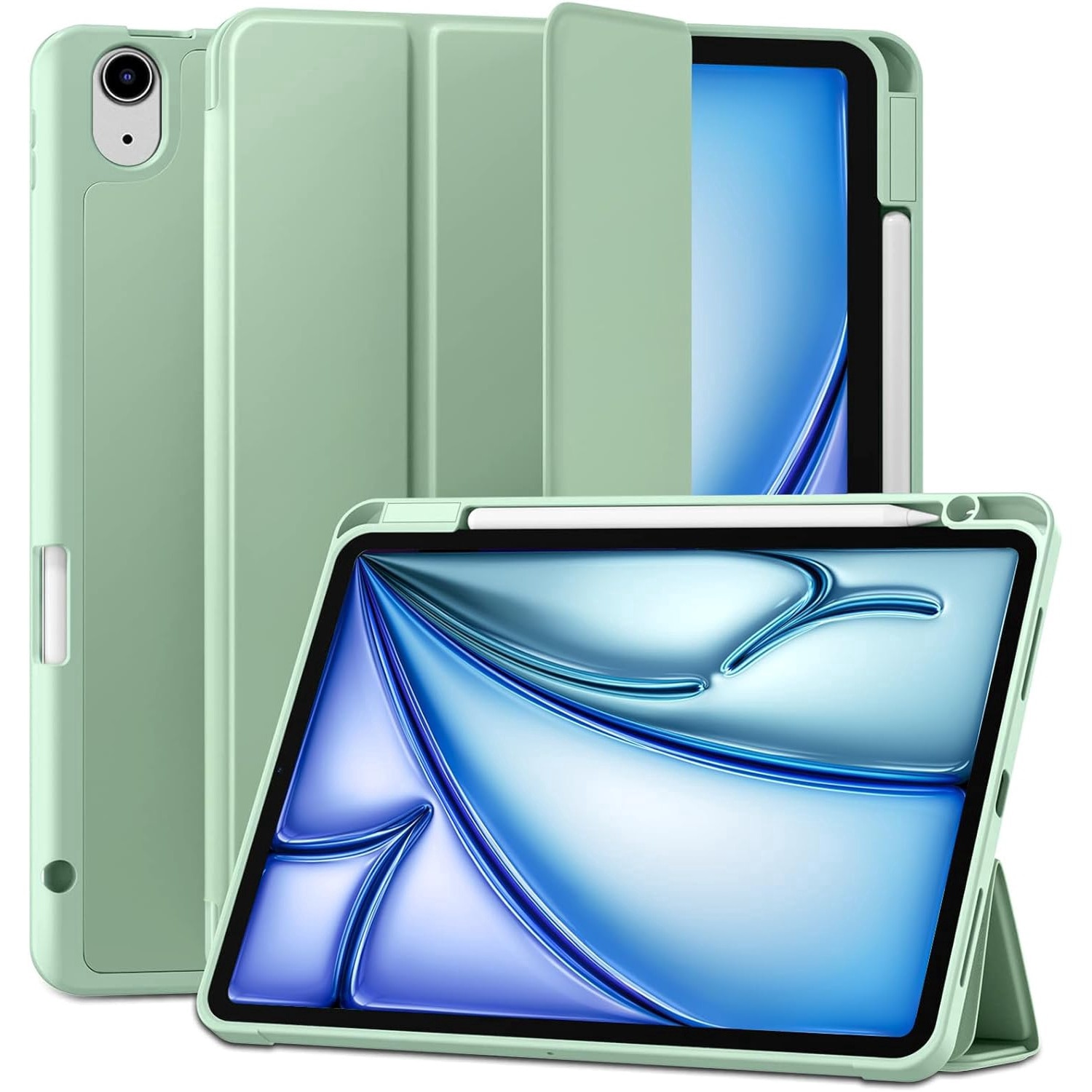 Husa pentru iPad 11 2025 11 inch Soft Shell cu functie wake-up/sleep si compartiment pentru Apple Pen tip stand protectie 360 verde deschis