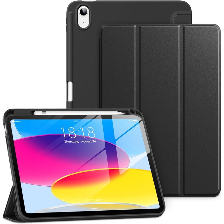 iPad 11 2025 tok 11 hüvelykes Soft Shell ébresztő/alvó funkcióval és rekesszel Apple Pen állványhoz, 360 típusú védőfekete