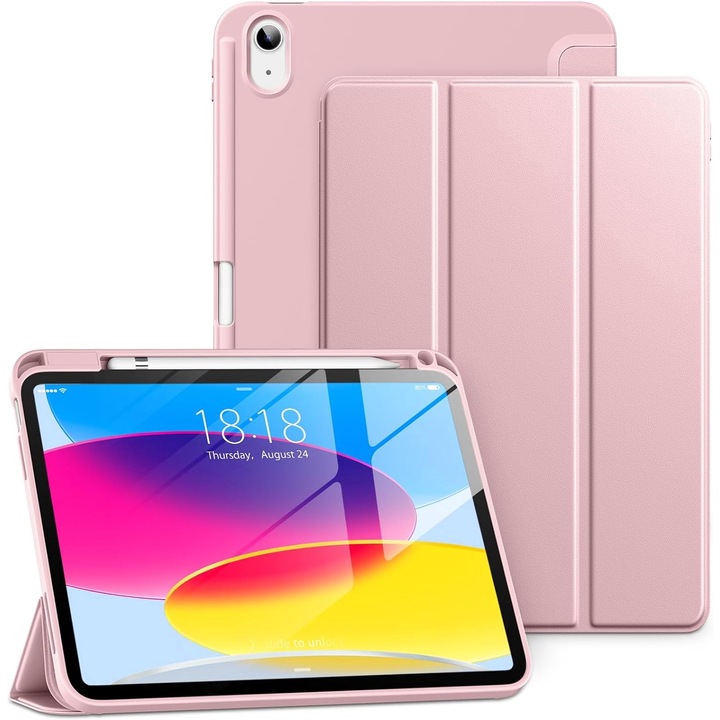Калъф за iPad 11 2025 11 инча Soft Shell с функция събуждане/заспиване и отделение за стойка Apple Pen тип 360 защита розов