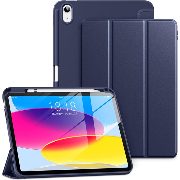 Калъф за iPad 11 2025 11 инча Soft Shell с функция за събуждане/заспиване и отделение за стойка Apple Pen тип 360 защита тъмносин