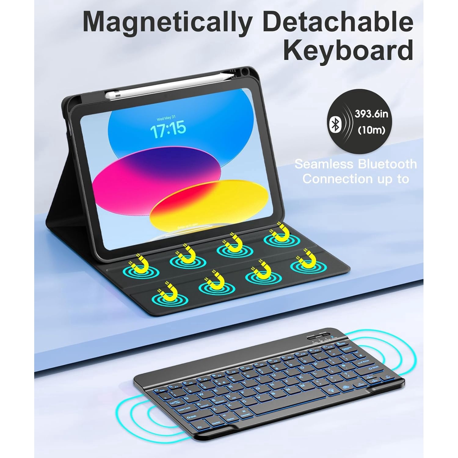 Husa pentru iPad 11 2025 cu tastatura iluminata wireless detasabila RGB 7 lights Bluetooth USB Type-C functie stand si slot stylus + mouse wireless iluminat LED negru