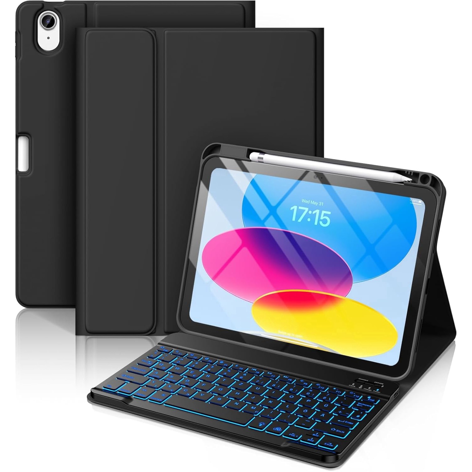 Husa pentru iPad 11 2025 cu tastatura iluminata wireless detasabila RGB 7 lights Bluetooth USB Type-C functie stand si slot stylus + mouse wireless iluminat LED negru
