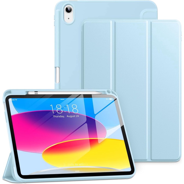 Калъф за iPad 11 2025 11 инча Soft Shell с функция за събуждане/сън и отделение за стойка Apple Pen тип 360 защита небесно синьо