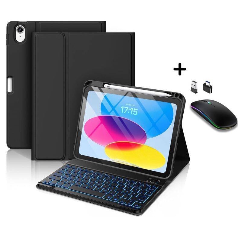 Husa pentru iPad 11 2025 cu tastatura iluminata wireless detasabila RGB 7 lights Bluetooth USB Type-C functie stand si slot stylus + mouse wireless iluminat LED negru