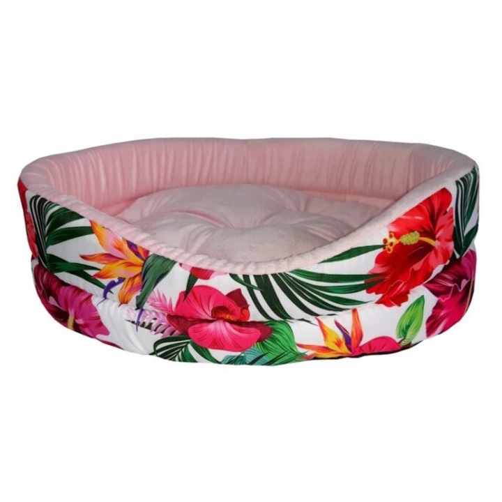 Robto ovális kisállatágy, 81x74cm, fehér alapon virágos külső, plüss belső