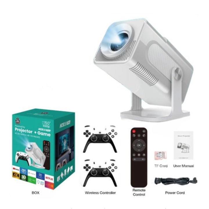 Видео проектор, Преносим, 4K 1080P, 450 Ansi лумена, 8G вътрешна памет, 64G карта с памет, 2 безжични джойстика, Електрически фокус, 180° ротация, Android система, Wi-Fi 6, BT 5.4