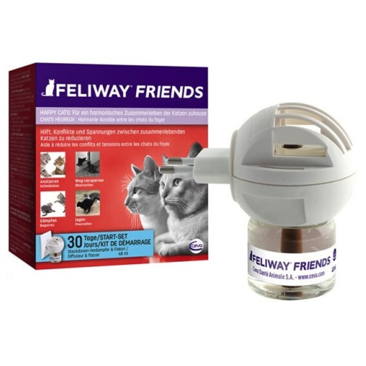 Комплект Feliway Friends, дифузер + пълнители, 48 мл, за успокояване на конфликти между котки, 30 дни