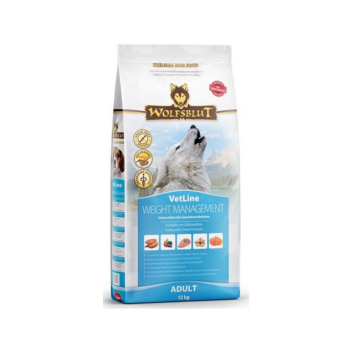 Wolfsblut Veterinary Diet for Dogs, за регулиране на теглото, 12 кг, ниско съдържание на мазнини, богата на протеини