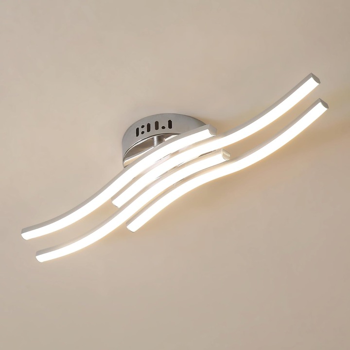 Modern mennyezeti lámpa beépített LED-del, 18 W, semleges fény 4000 K, fényáram 1600 lm, ezüst hullám alakú kialakítás, egyszerű mennyezeti szerelés, tökéletes belső világításhoz konyhában, előszobában vagy irodában