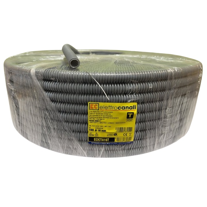 Tub Copex din Polipropilena, Cu Sonda(pentru tragerea cablului), Ignifug, DiametruØ16mm, 100m, Rezistenta Compresie 750N, Adaptat la ciment lichid, Autorevenire la Deformare, Gri, Elettrocanali