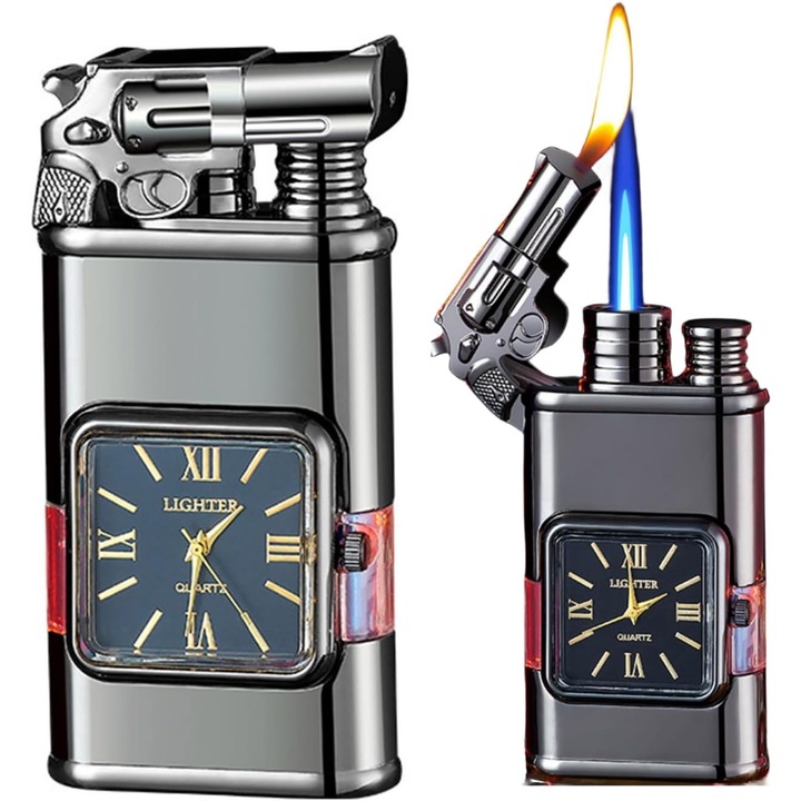 Bricheta cu Flacara Dubla Model Pistol cu Ceas, Antivant, Reincarcabil, Negru, Dalimag
