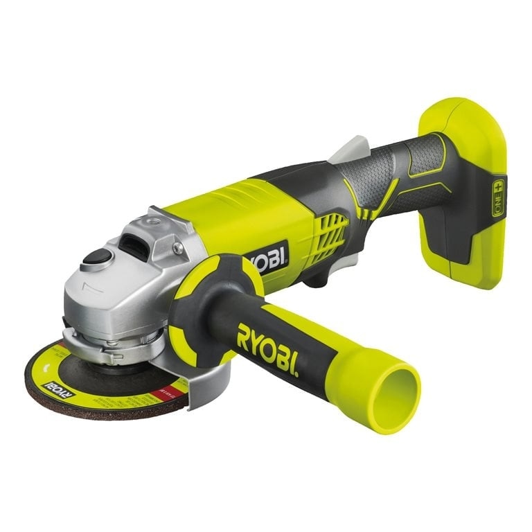 Polizor unghiular pe acumulator Ryobi R18AG-0, 18 V, 115 mm diametru disc, maner lateral, cheie, protectie, 1 disc de slefuit, tehnologia ONE+, fara acumulator/incarcator