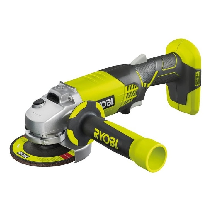 Polizor unghiular pe acumulator Ryobi R18AG-0, 18 V, 115 mm diametru disc, maner lateral, cheie, protectie, 1 disc de slefuit, tehnologia ONE+, fara acumulator/incarcator